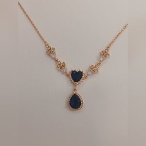 New Pretty Bird Dark Blue & 18k Rose Goldplated Teardrop Filigree Necklace
